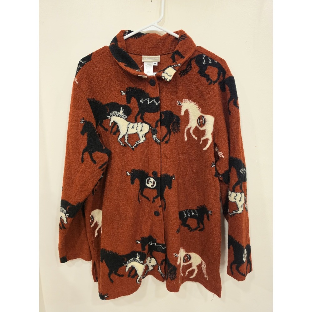 Coldwater Creek 1X Horse Equestrian Print Cardigan Jacket Rust Black Western